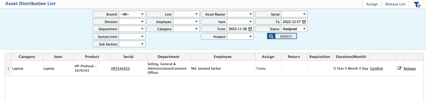 Asset Assignment List